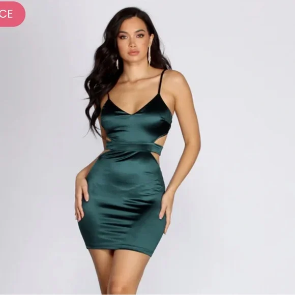 Windsor Hunter Green Satin Mini Dress with Cutouts